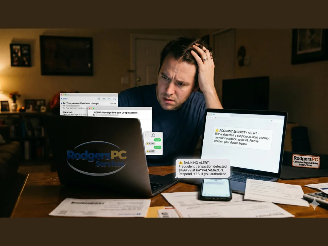 Man looking overwhelmed and stressed, staring at multiple fraudulent account alert emails on his laptop and a larger fraud text message on his smartphone in a dimly lit home setting. RodgersPC branding is moved centrally.