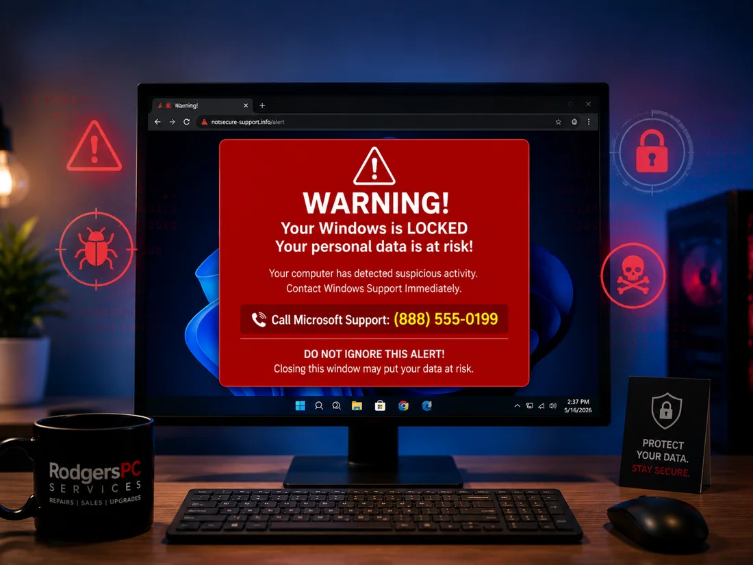 A desktop computer screen showing a red fake Windows support scam popup warning window on a desk in the Belton and Temple TX area