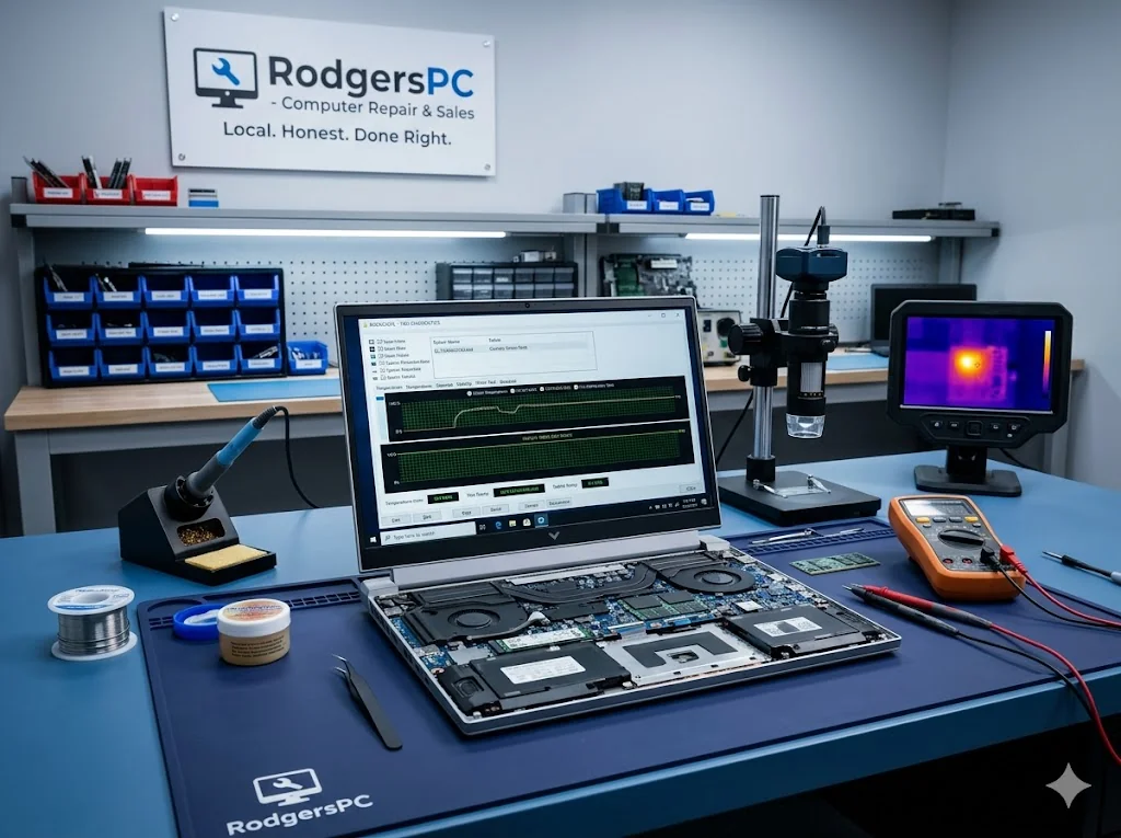 Professional computer repair and diagnostics bench at RodgersPC serving Belton, Temple, and surrounding Bell County areas.