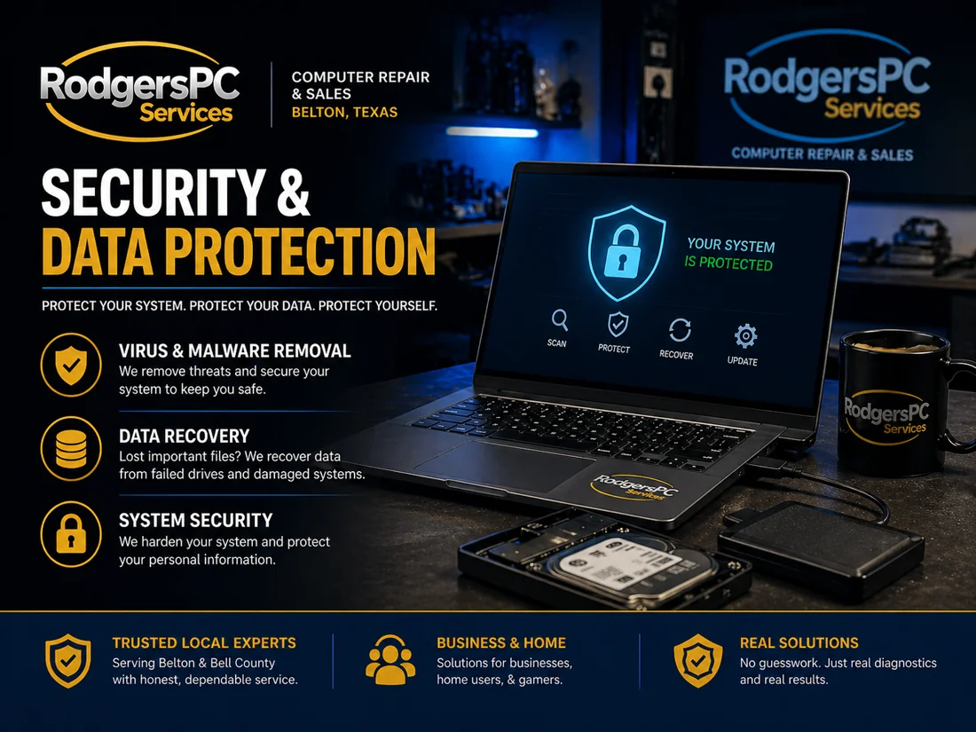 Computer security and data protection services by RodgersPC in Belton Texas, featuring malware removal, data recovery, and system security on a laptop workspace