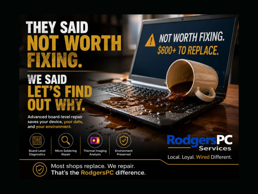 A premium laptop with spilled coffee on the keyboard next to an office mug in the Belton and Temple TX area