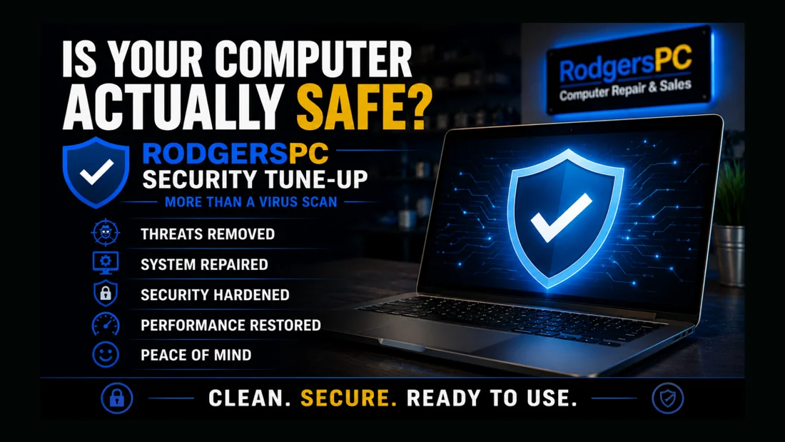 RodgersPC Security Tune-Up image showing a laptop with a protection shield and key service points including threats removed, system repaired, security hardened, performance restored, and peace of mind.