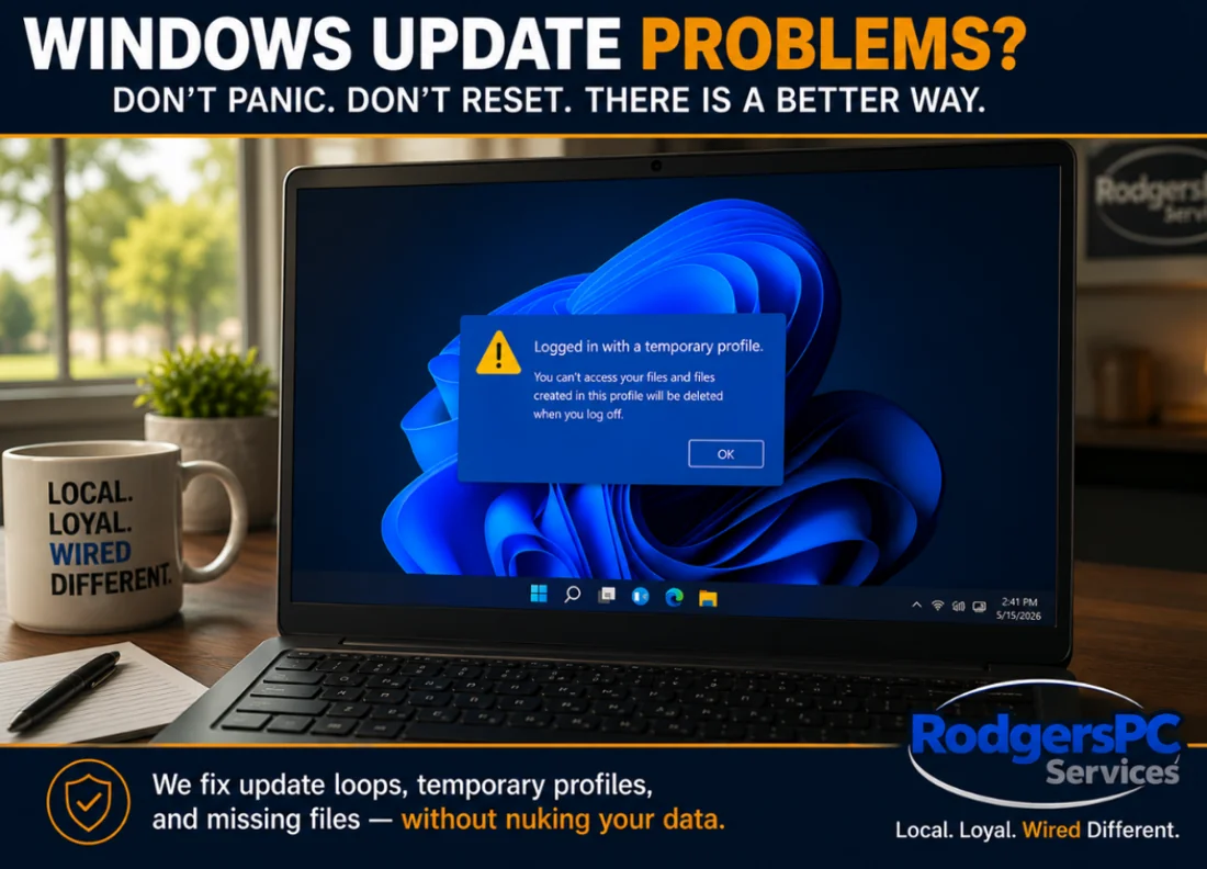 Windows 11 laptop showing a blank desktop with a temporary profile error message on an office desk in the Belton and Temple TX area