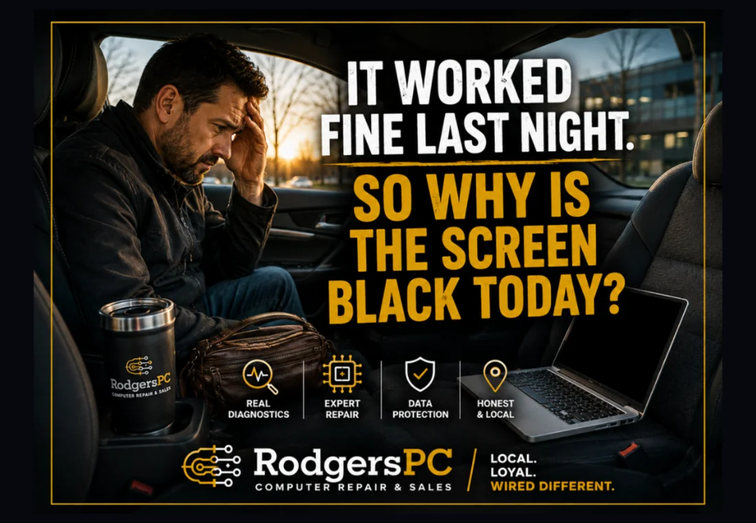 RodgersPC image showing a customer in a car with a laptop screen that has gone black, explaining why a computer can work fine one night and have a black screen the next day.