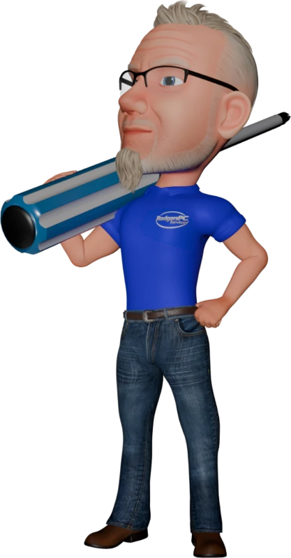 RodgersPC mascot in a blue polo carrying a screwdriver